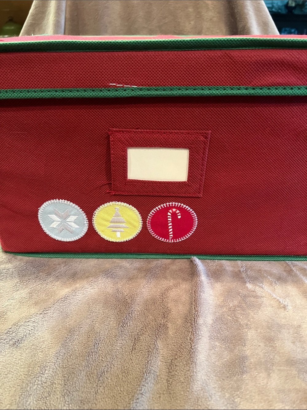 Red Holiday Ornament Storage Box with Green Trim Missing Side Handle